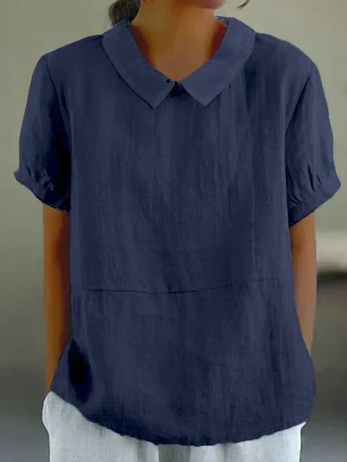 Women's Short Sleeve Casual Top with Peter Pan Collar and Versatile Style