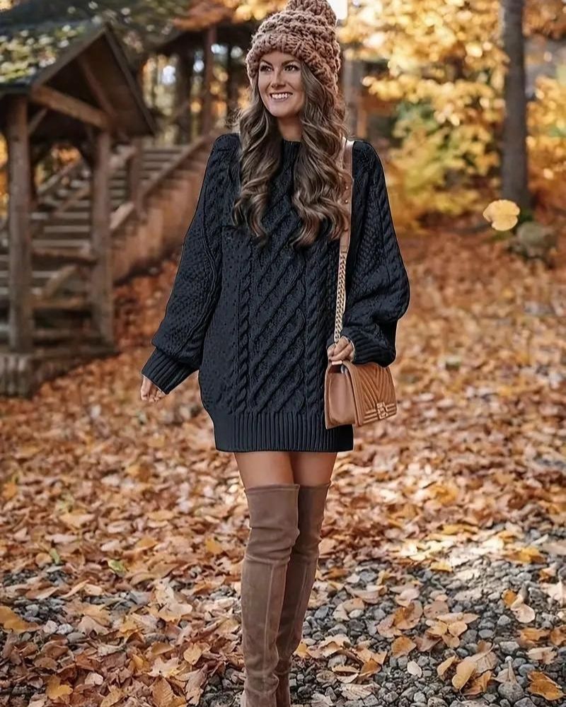 Street-Wave Cable Knit Sweater Dress For Women Cozy Oversized Fit With Elegant Cable Pattern