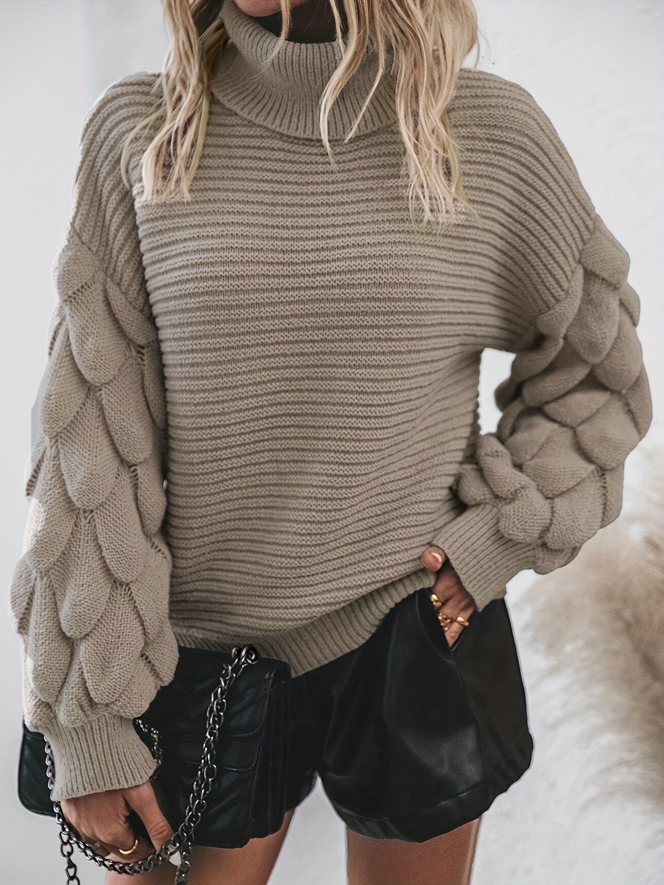 Street-wave Turtleneck Knit Pullover For Women With Soft Cozy Feel And Dramatic Bubble Sleeves