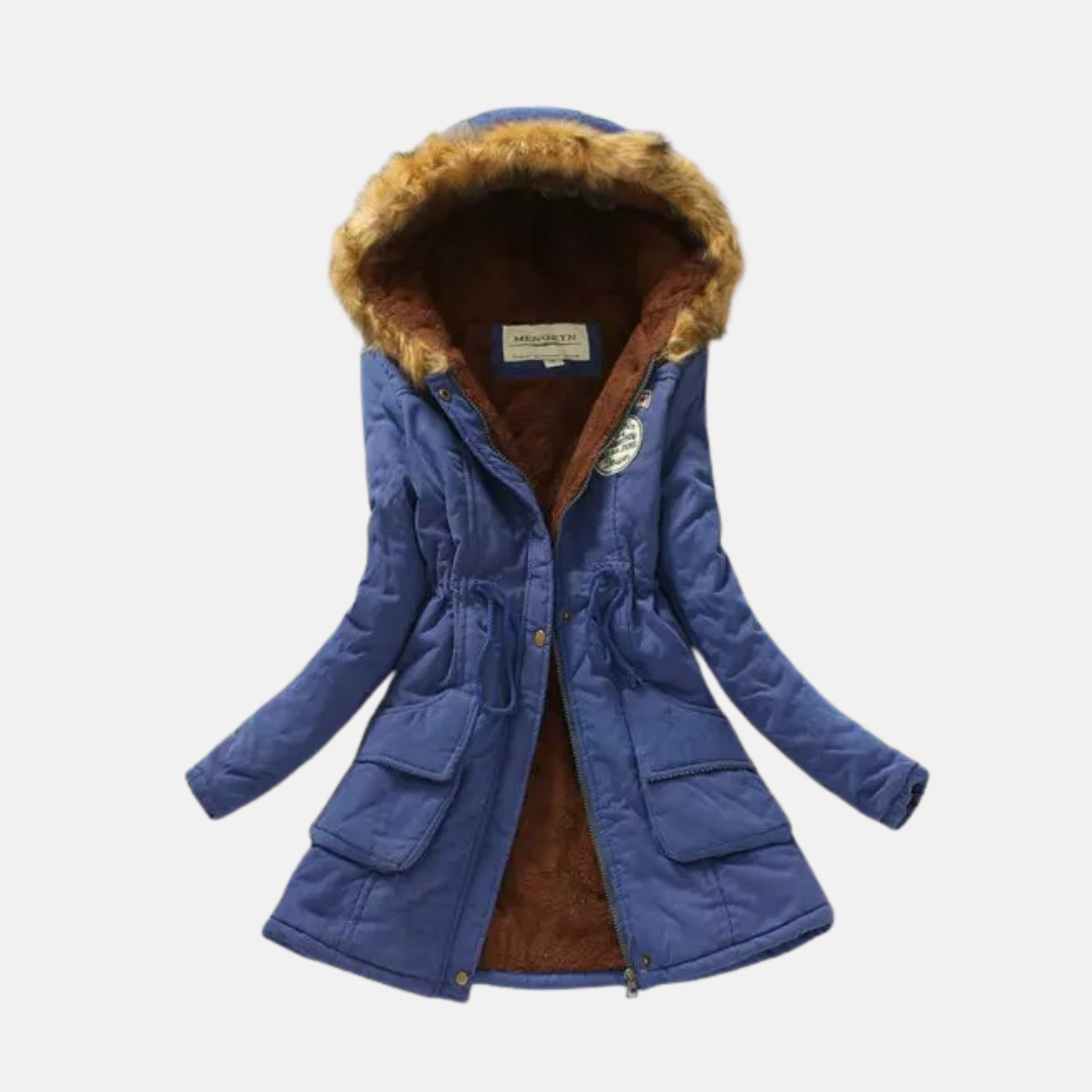 Women’s Parka Coat – Sherpa Lining – Faux Fur Hood – Drawstring Waist – Pockets