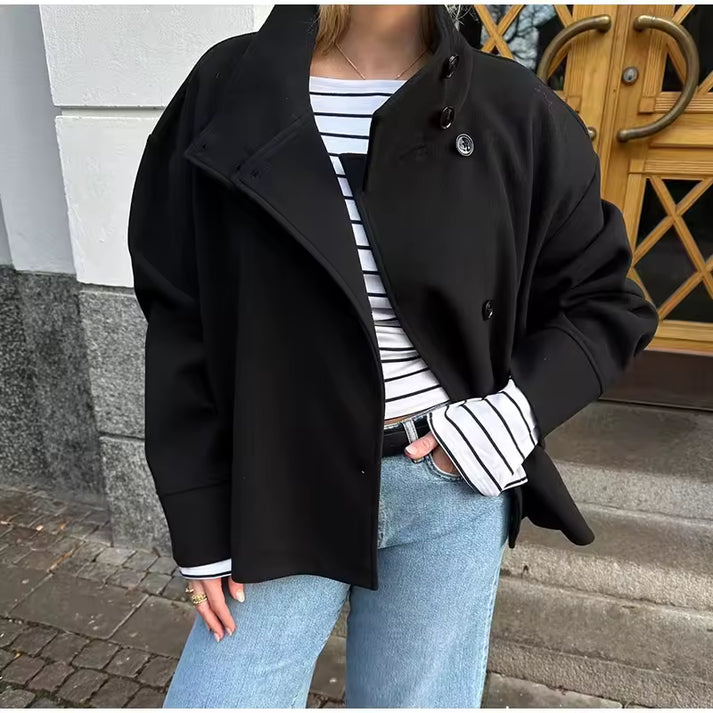 Street-Wave High Collar Coat With Asymmetric Button Closure For Fashion Forward Women