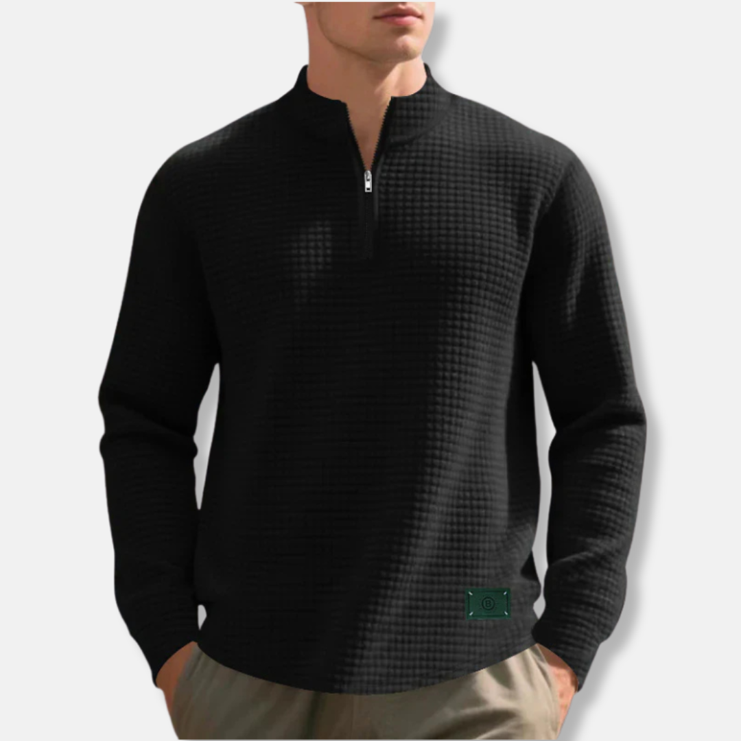 Men's Waffle Knit Regular Fit Mock Neck Quarter Zip Sweater For Cold Weather By Street-Wave