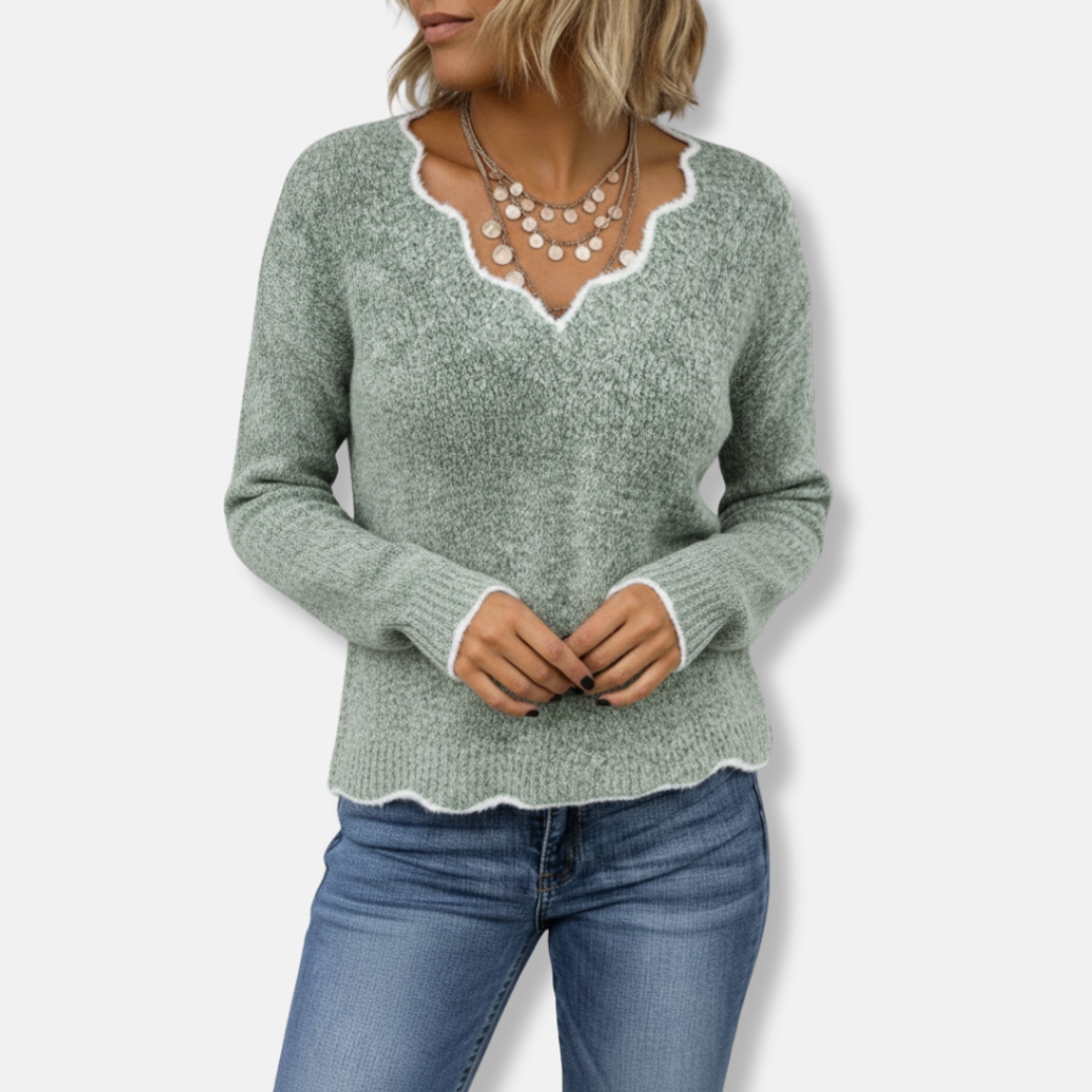 Nordisk-Flair Women Soft Wool Knit Sweater Relaxed Fit Scalloped Neckline
