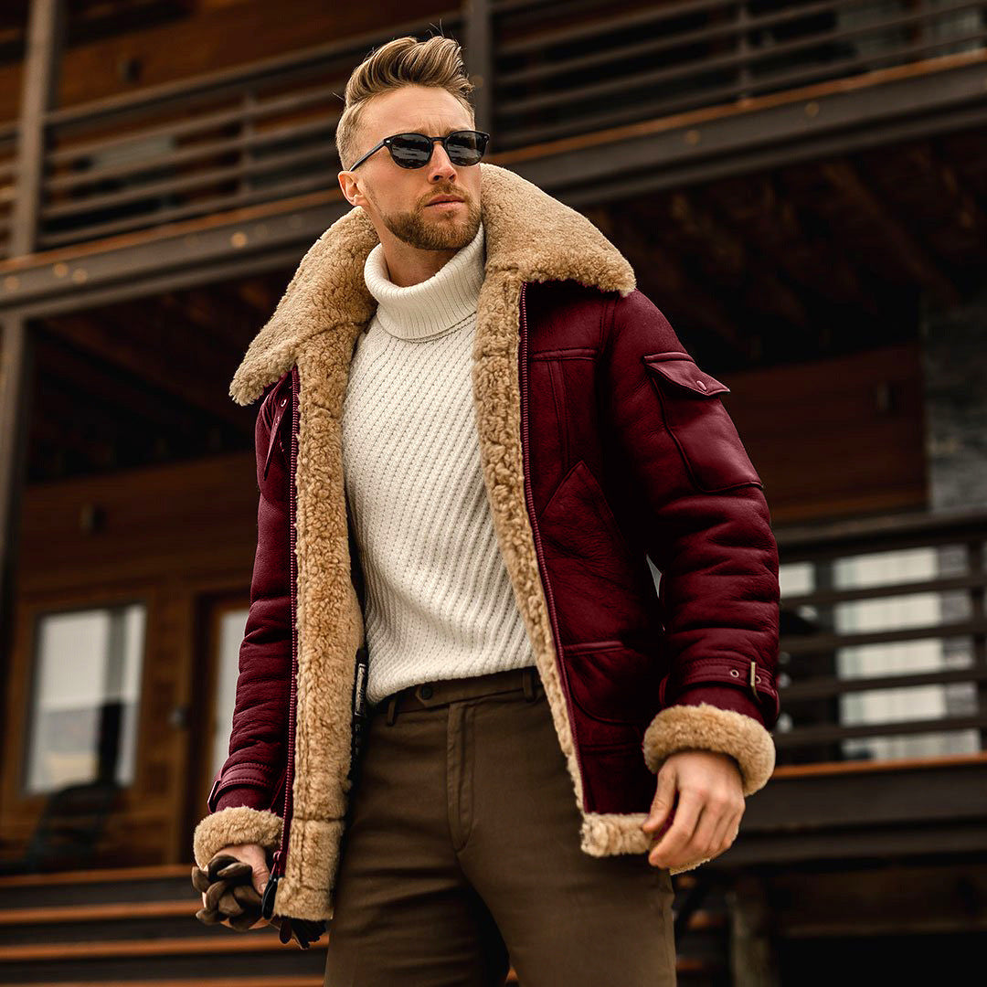 Street-Wave Mens Leather Jacket With Shearling Fur Collar For Rugged Warmth And Style