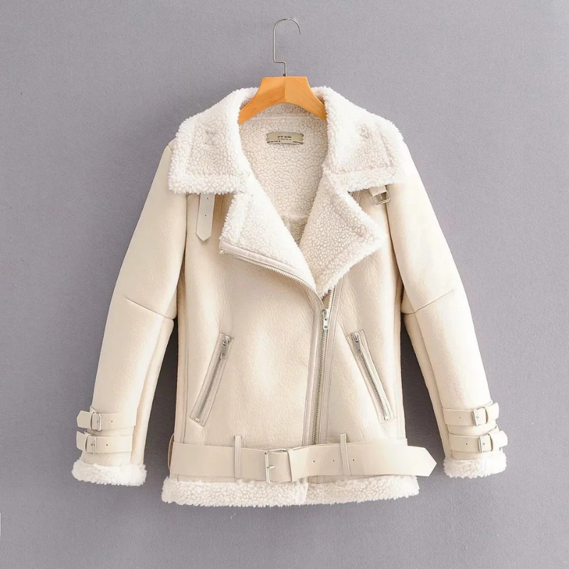 Street-Wave White Shearling Coat for Women With Oversized Collar Warm Luxury Lamb Fur Jacket