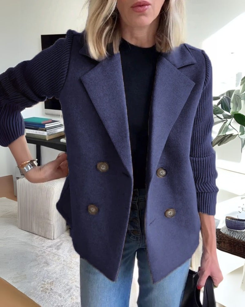 Street Wave Beige Double Breasted Blazer With Knit Sleeves For Casual Chic Women