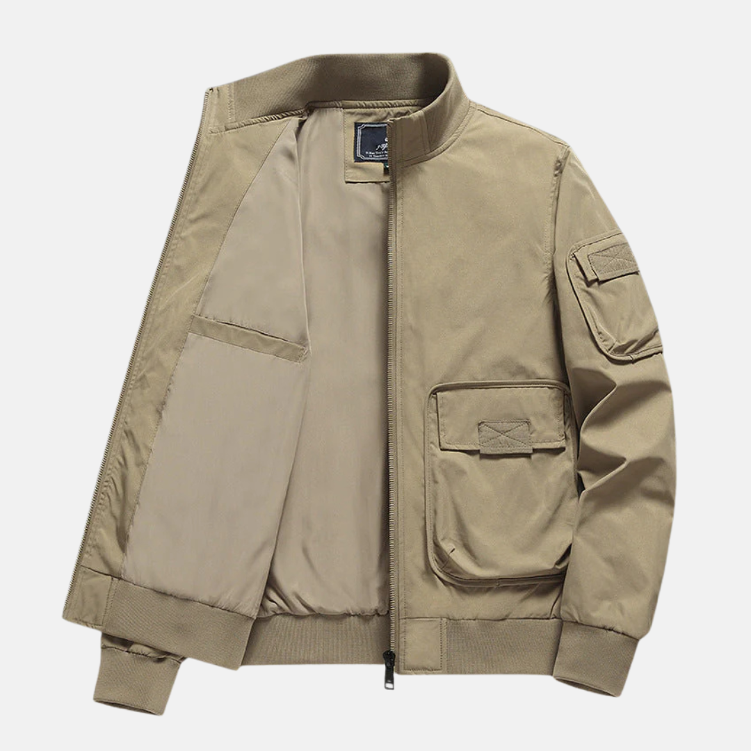 Men's Navy Bomber Jacket With Relaxed Fit, Wind-Resistant, Full Zip, Patch Pockets By Street-Wave
