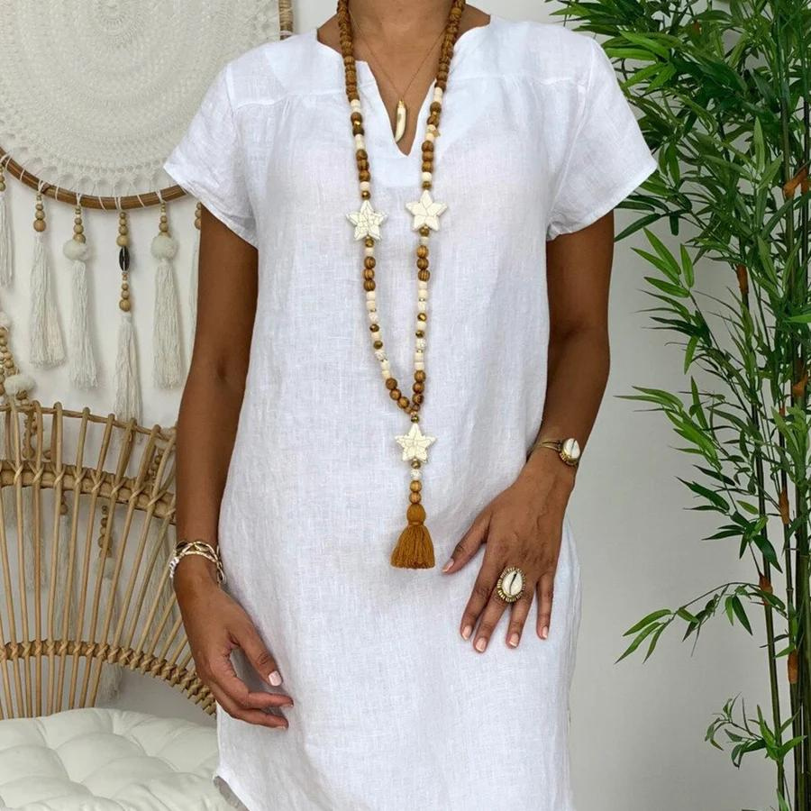 Street-Wave Women's Cotton Linen Sundress With V Neck Breathable Breezy Summer Wardrobe Essential