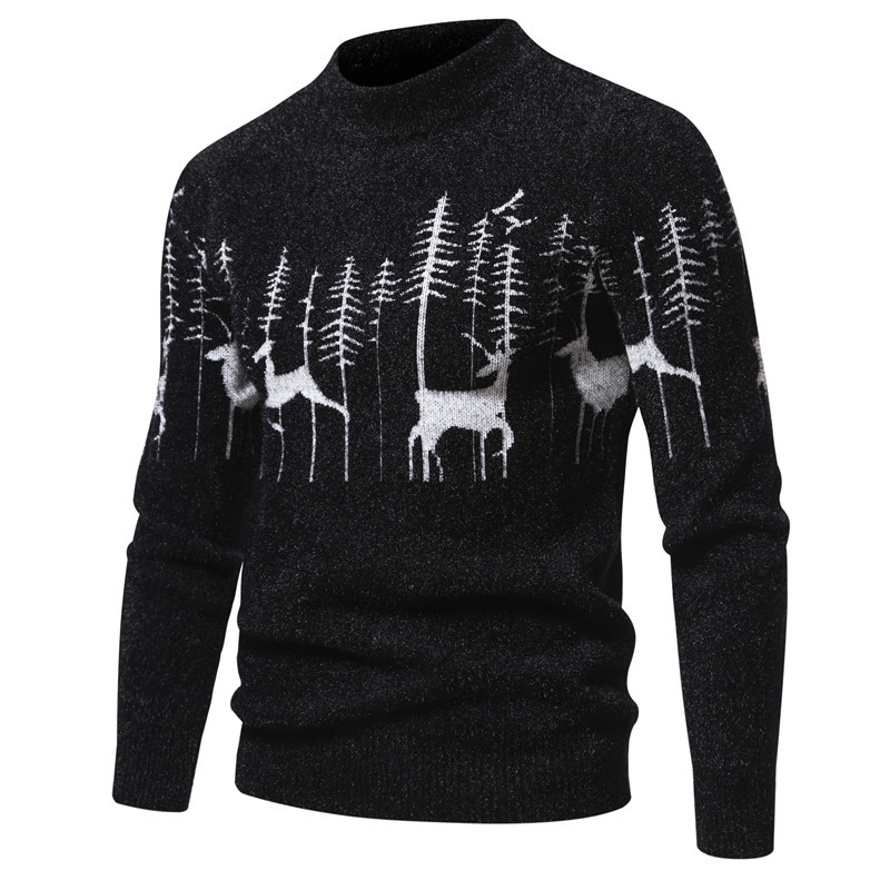 Street-Wave Mens Premium Christmas Sweater With Forest Reindeer Design For Holiday Parties Cozy Masculine Knit