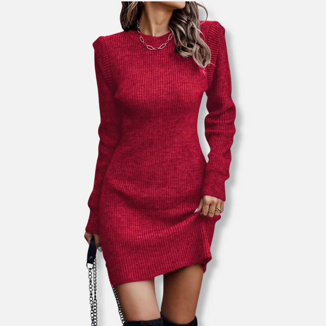 Ribbed Knit Mini Dress Street-Wave For Women Long Sleeve Puff Shoulders Slim Fit