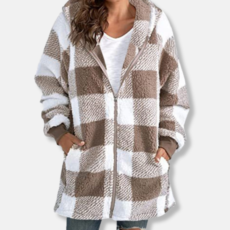Street-Wave Women's Oversize Hoodie With Soft Knit Plaid Check Pattern Zip Hoodie