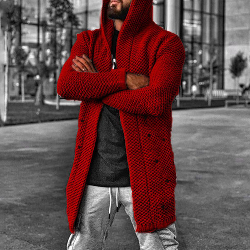 Street-wave Hooded Knitted Cardigan For Men Cozy Modern Everyday Layer With Structured Texture