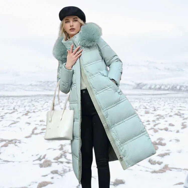 Street-Wave Long Puffer Coat With Fur Collar Belted Slim-Fit Luxurious Winter Outerwear For Women