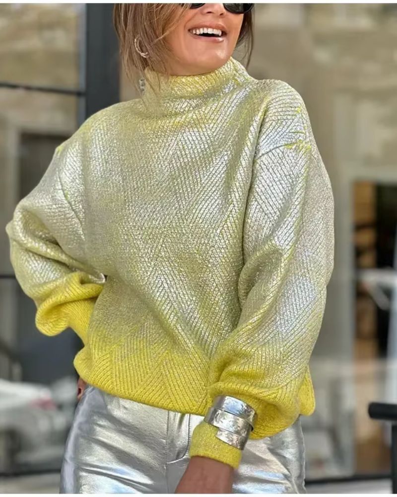 Street-wave Gradient Metallic Knit Pullover For Women Cozy Warmth With Shimmering Color Gradient