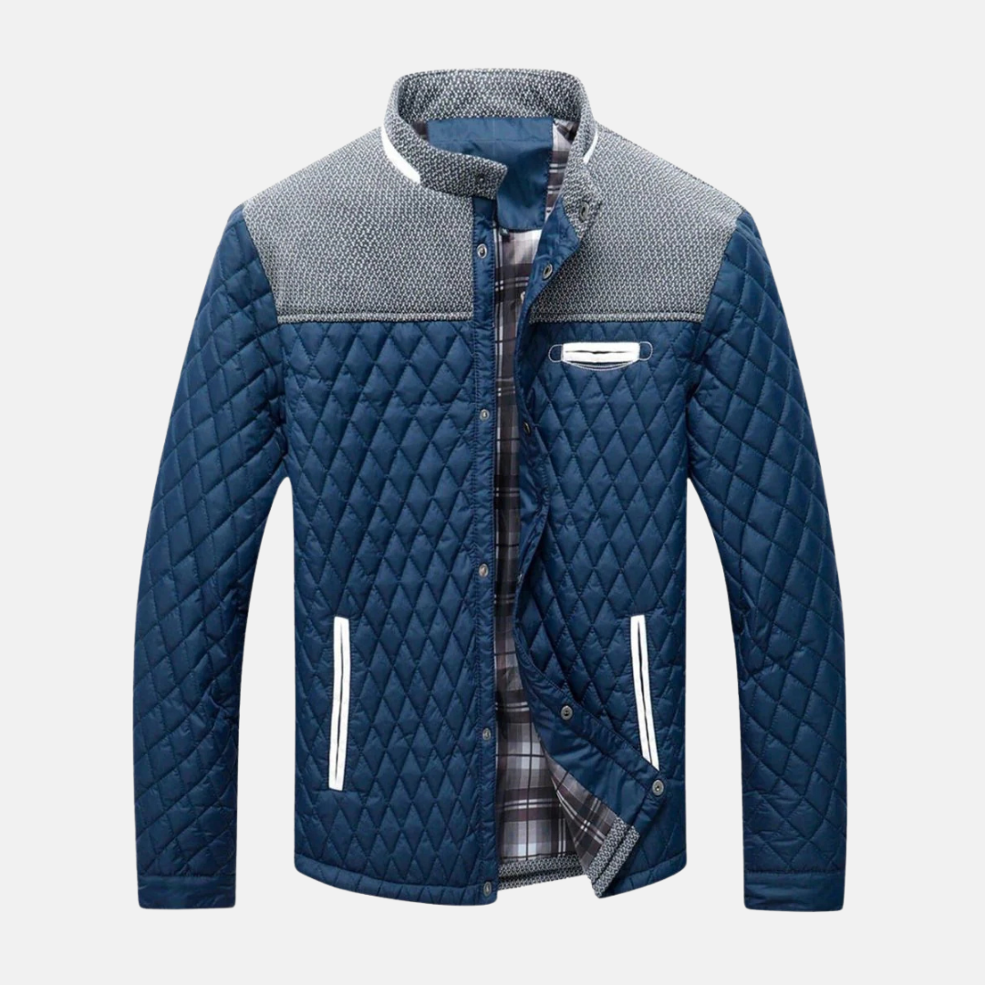 Men's Diamond Quilted Jacket in Woven Blend with Standing Band Collar and Contrast Trim