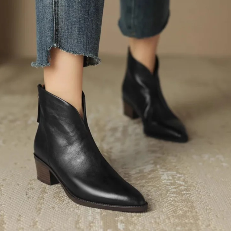Street-Wave Leather Pointed Toe Ankle Boots With Side Zip Block Heel Chic Fit For Women