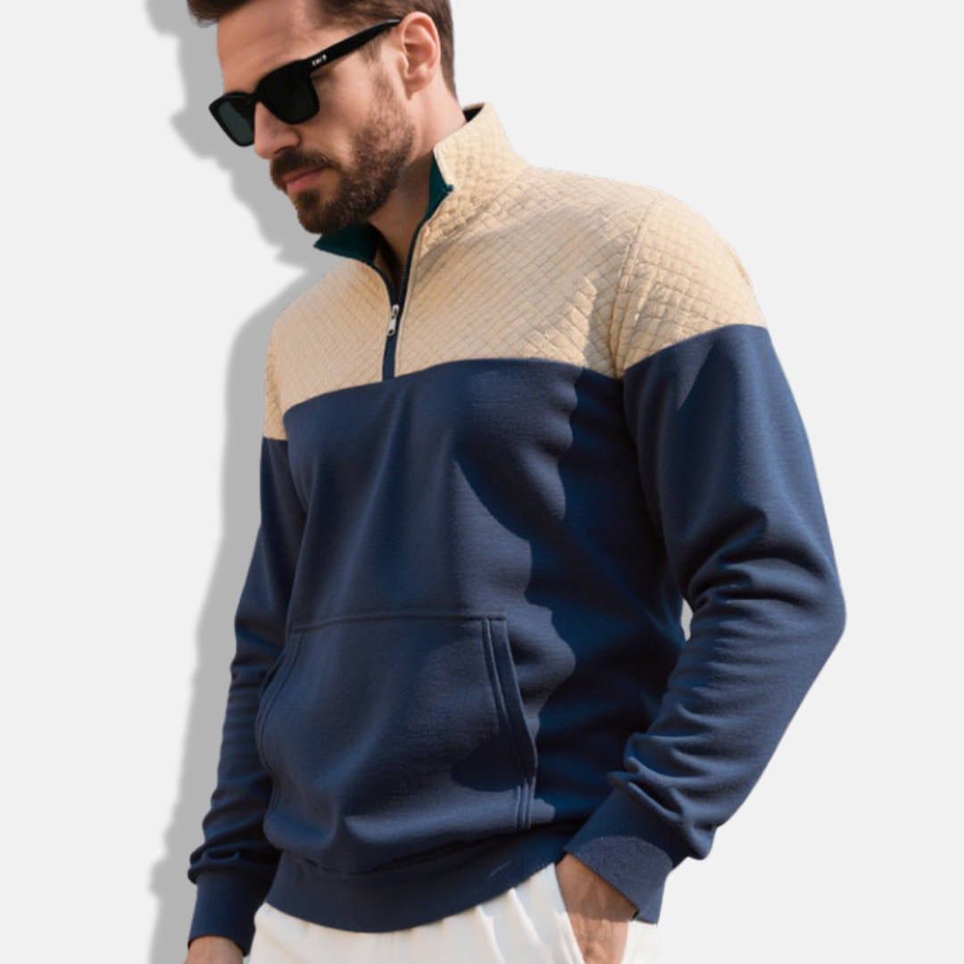 Men's Cotton Blend Sweatshirt With Stand Collar Half Zip And Quilted Diamond Pattern
