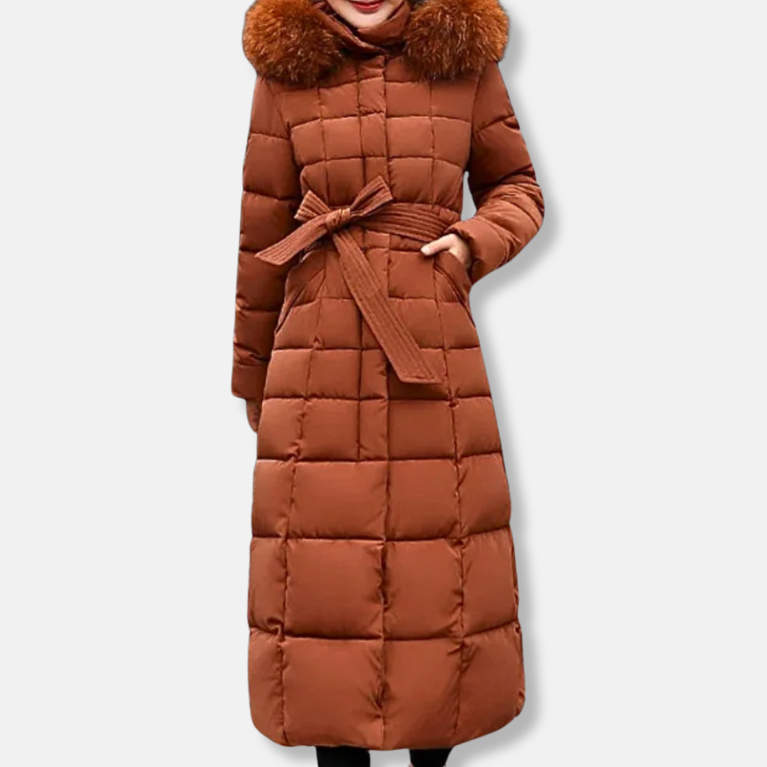 NordiskFlair Quilted Puffer Coat Women Belted Fur Hood