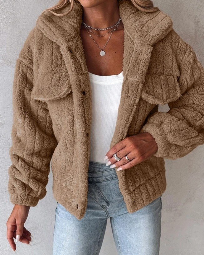 Street-Wave Cozy Short Teddy Jacket For Women Plush Faux Fur Trendy Transitional Outerwear
