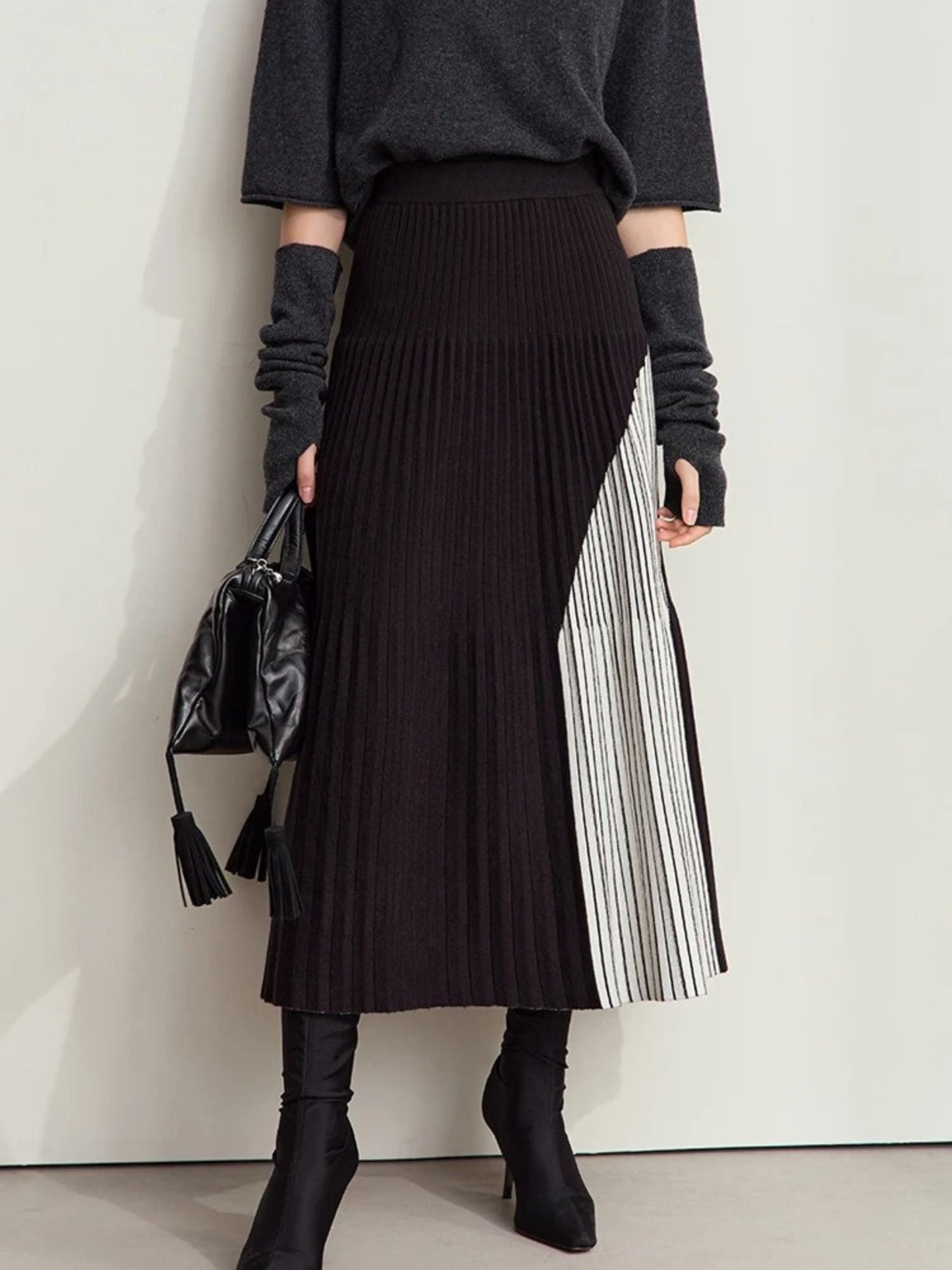 Streetwave ALine Patchwork Knit Skirt for Women Soft Cozy Fall Winter Midi Length Chic Versatile