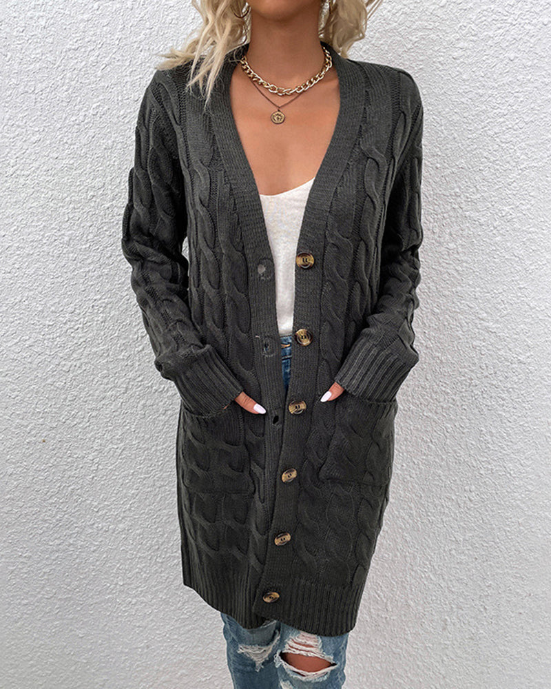 Street-Wave Cable Knit Cardigan For Women Cozy Longline Autumn Sweater With Pockets And Button Closure