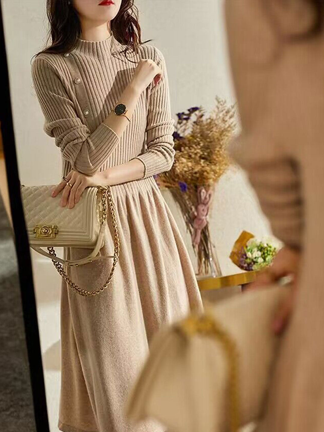 Street-Wave Ribbed Knit Dress With Pearl Buttons - Cozy Warm Turtleneck For Women, Elegant Winterwear