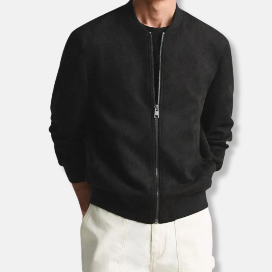 Men's Suede Bomber Jacket Zip Closure With Ribbed Edges Regular Fit In Brown Cognac