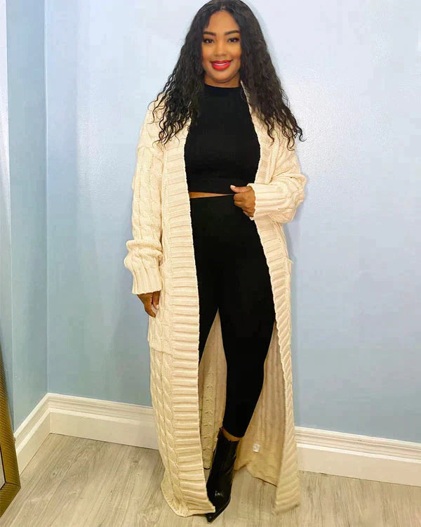 Street-Wave Cable Knit Cardigan Long Cozy With V Neck For Women Soft Cotton Blend