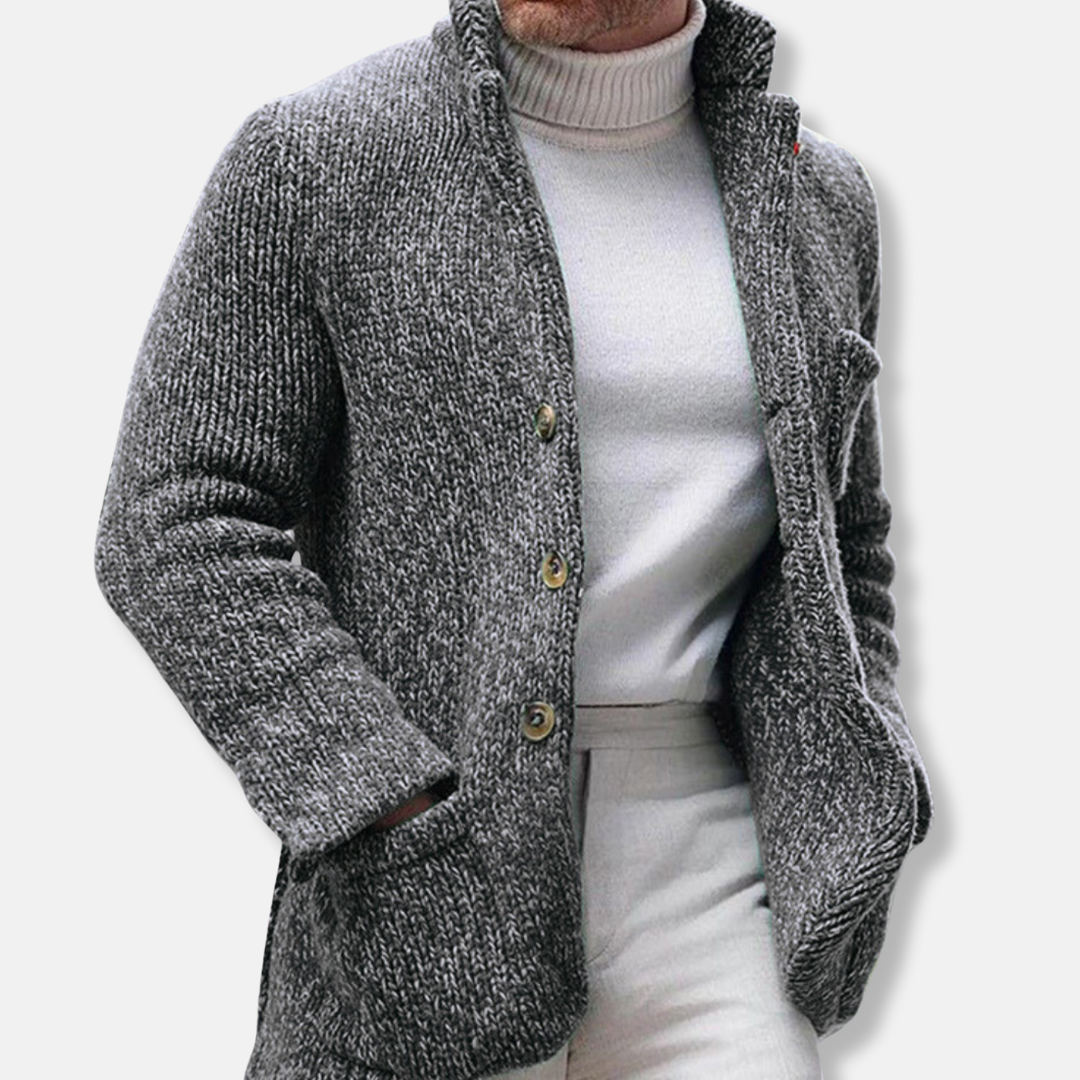 Men's Textured Knit Cardigan With Stand Collar Patch Pockets Street Wave For Men