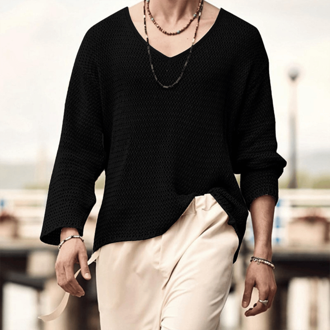 Street-Wave Mens Relaxed Knit Sweater With Deep V Neck Breathable Textured Knit Beige Casual To Evening Wear