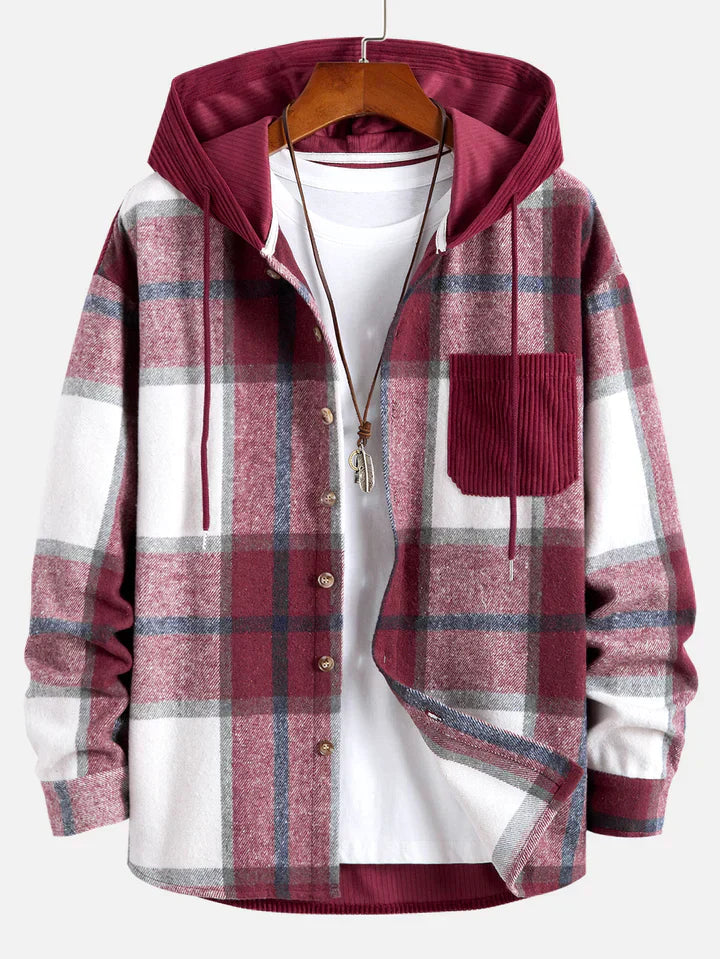 Corduroy Hooded Jacket For Men Streetwave Warm Cozy Modern Streetwear Outerwear With Plaid Sleeves