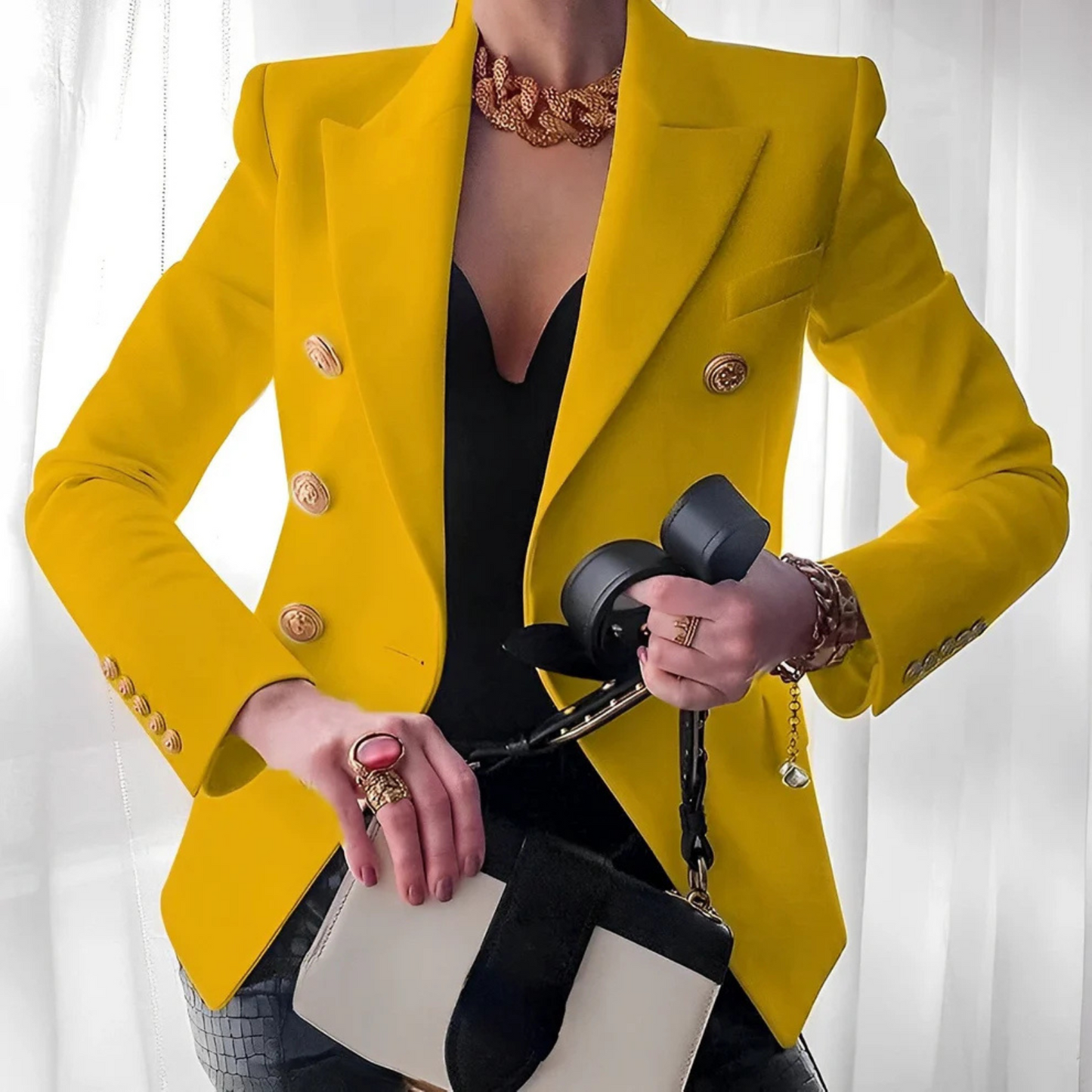 Streetwave Elegant Black Double Breasted Blazer For Professional Women Timeless Sophistication