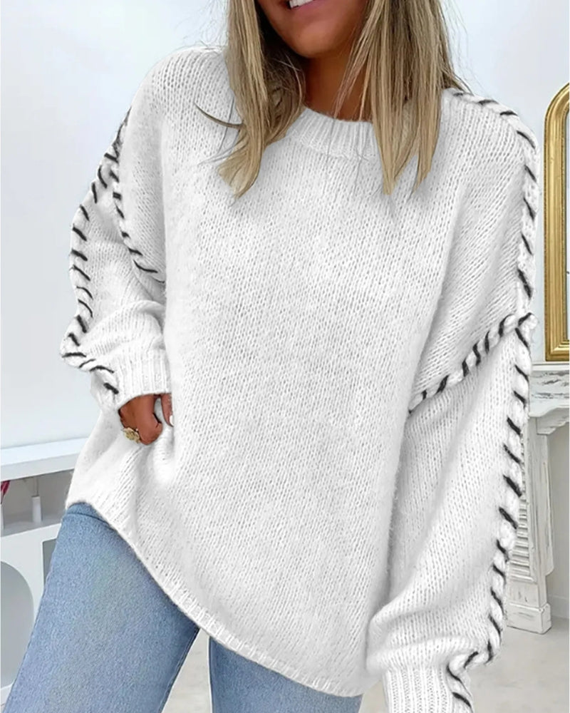 Street-Wave Boho Knit Sweater For Women Warm Cozy Oversized Pullover With Black Thread Detailing