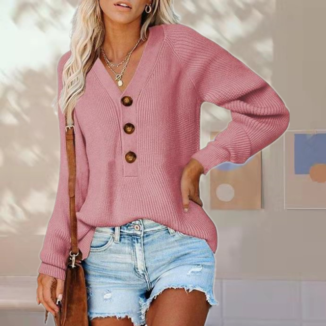 Street-Wave Button-Front V-Neck Knit Sweater for Women, Cozy Autumn Layering Essential, Button Details