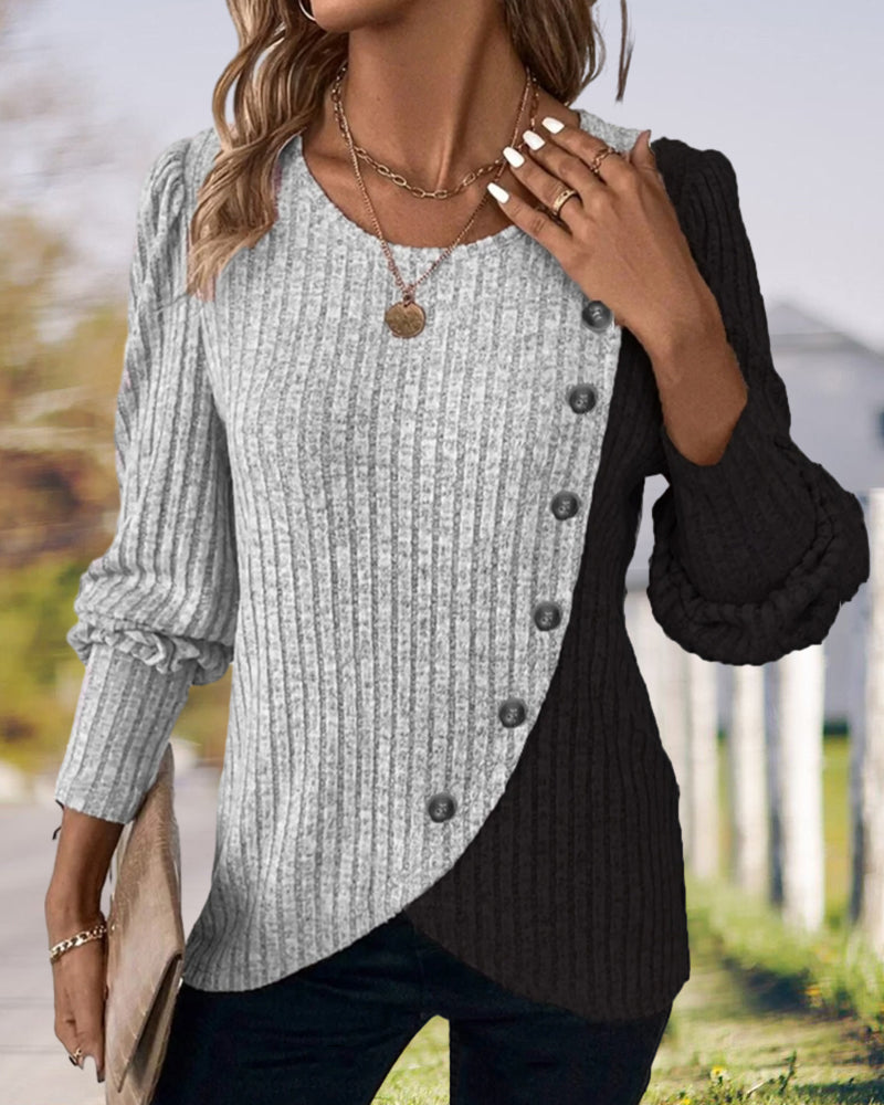 Streetwave Elegant Women's Knit Pullover With Asymmetrical Color Block And Diagonal Button Detail