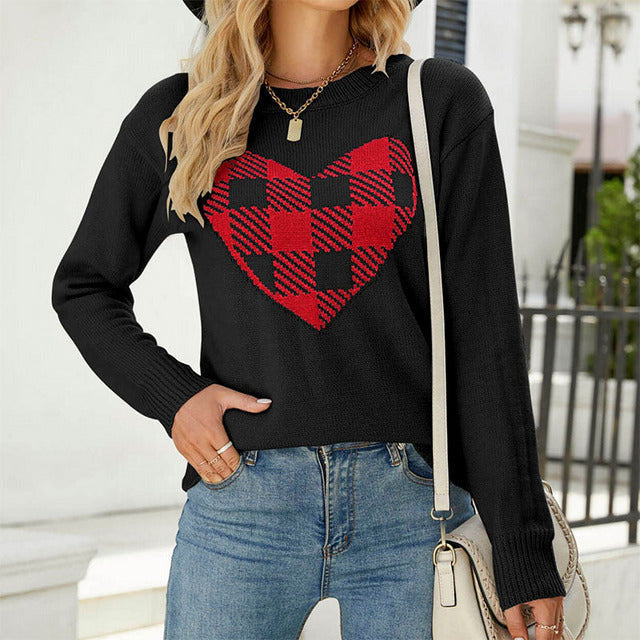 Street-Wave Heart Plaid Knit Sweater Acrylic Cozy Comfort For Women Stylish Everyday Wear