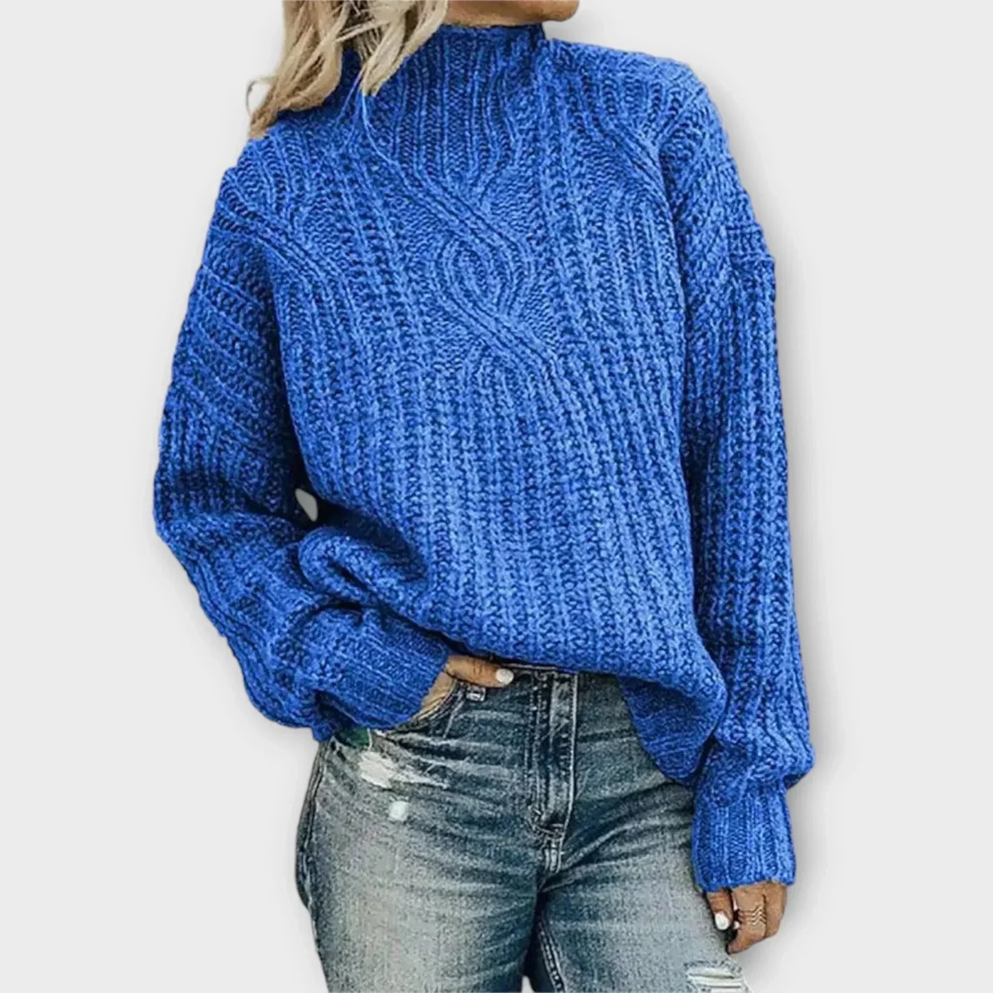 Women's High-Neck Sweater with Ribbed Texture and Long Sleeves