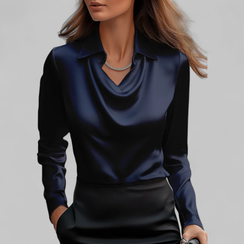 Satin Blouse Women Draped Neck Long Sleeve Street Wave Elegant Silky Top
