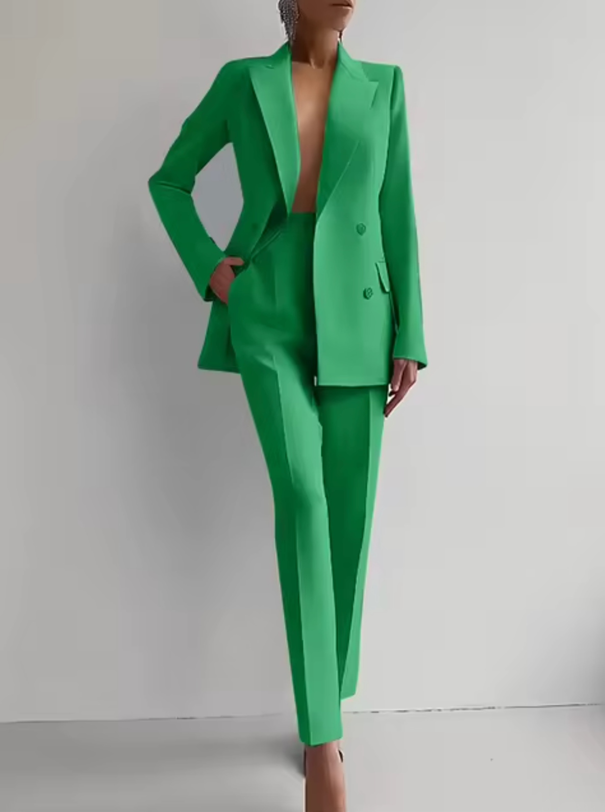Street-Wave Women Tailored Double Breasted Blazer And High Waisted Trousers Suit For Professionals