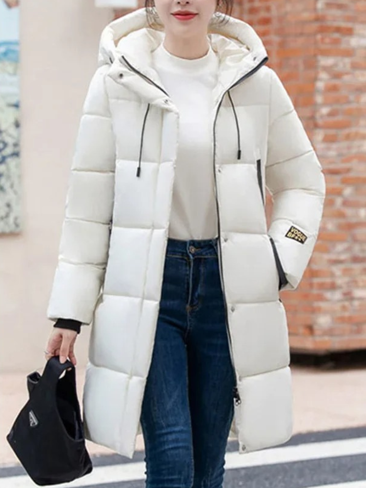 Street-Wave Khaki Puffer Jacket With Hood And Full Zip For Women Warmth And Timeless Style