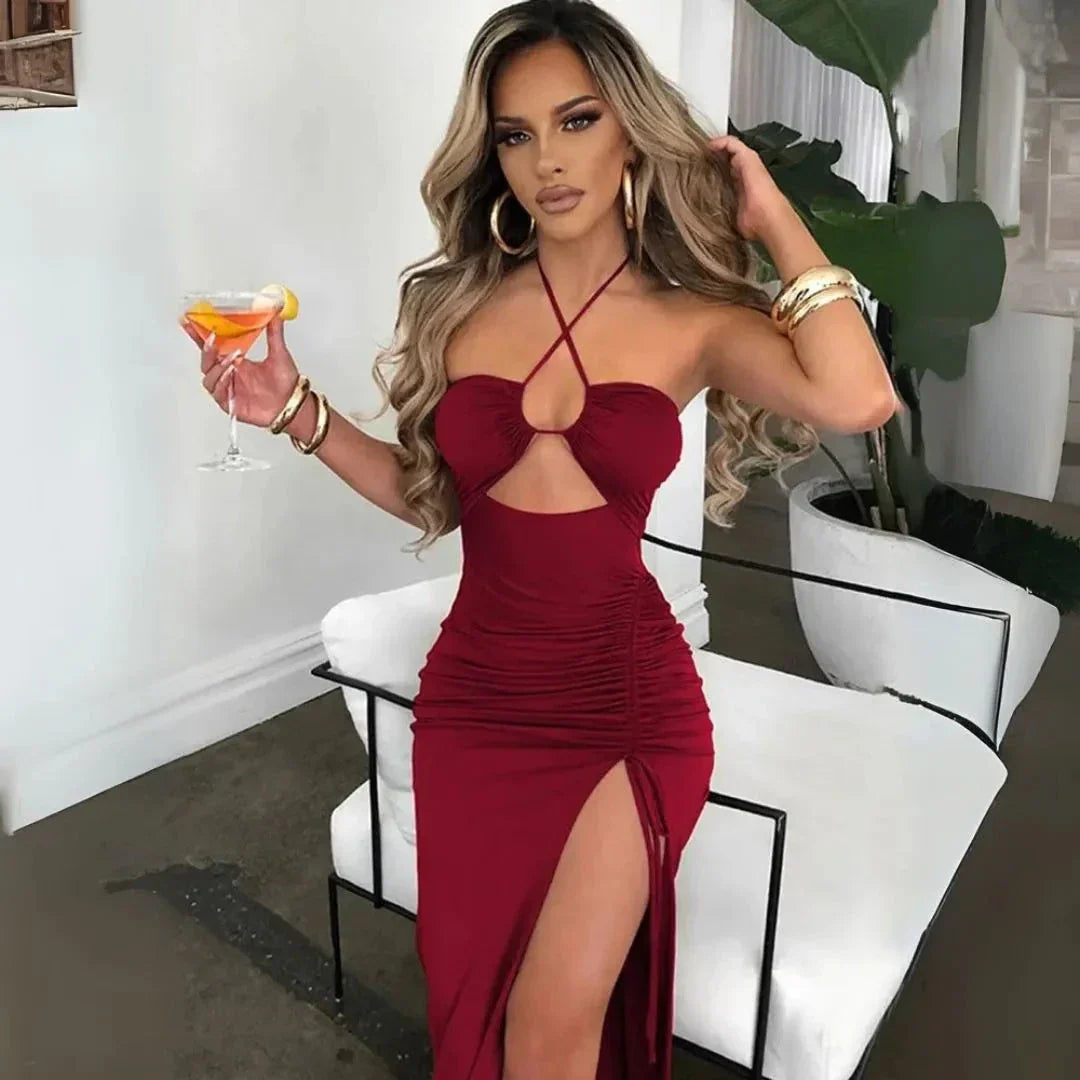 Nova Elegant Maxi Dress Waylynn Ruched Front Slit Halter Evening Wear For Women