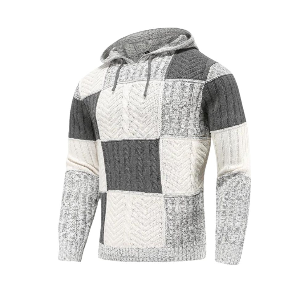 Street-wave Patchwork Knit Hoodie Sweater For Men Warm Adjustable Hood Urban Style