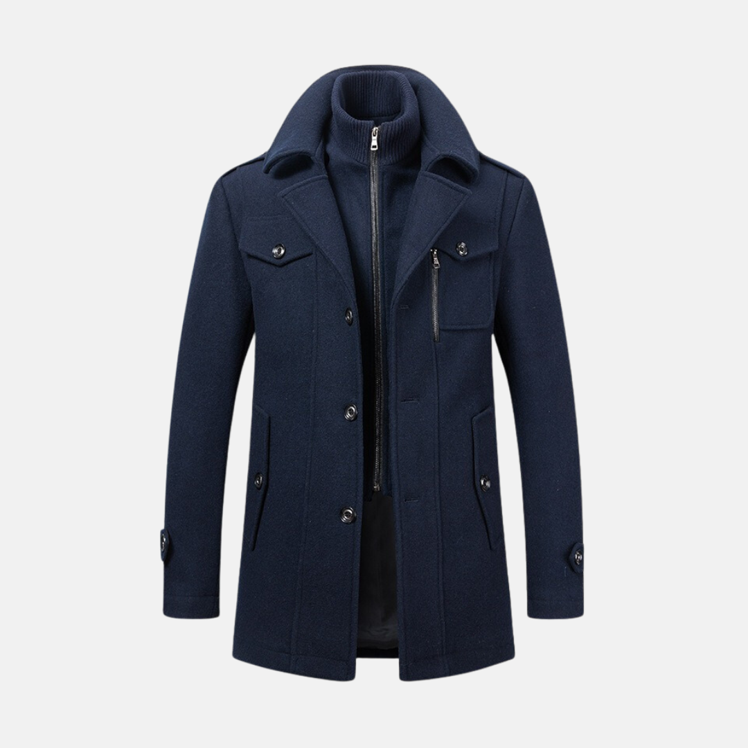 Men's Wool Blend Coat Slim Fit Mid-Thigh Length With Double Collar And Epaulet Detail