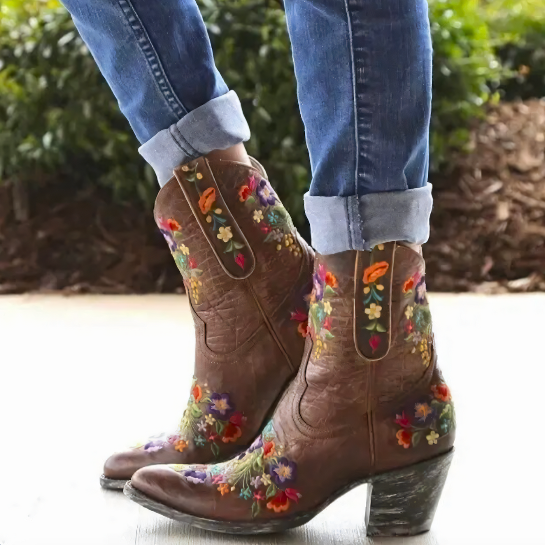 Street-Wave Waterproof Cowgirl Boots With Vintage Floral Embroidery Womens Western Shoes