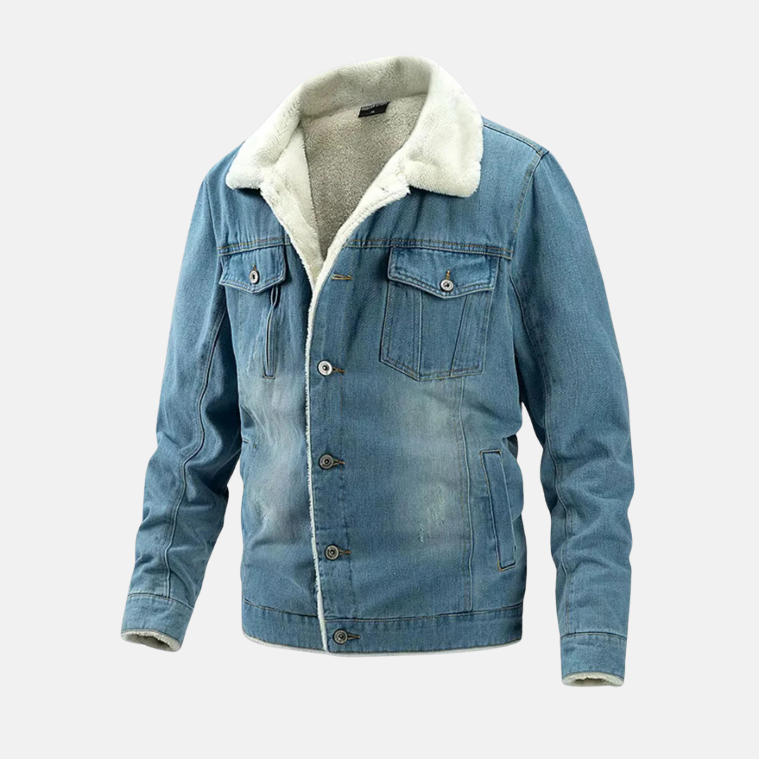 Men's Denim Hip-Length Jacket With Faux Shearling Lining Front Button Closure Chest Pockets Distressed