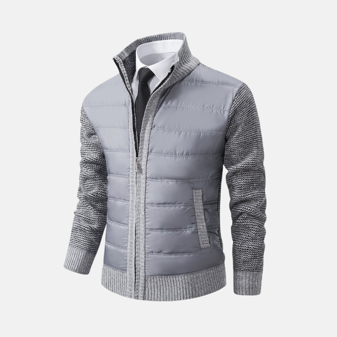 Men's Acrylic Blend Slim Fit Jacket With Stand Collar And Knitted Sleeves For Modern Style