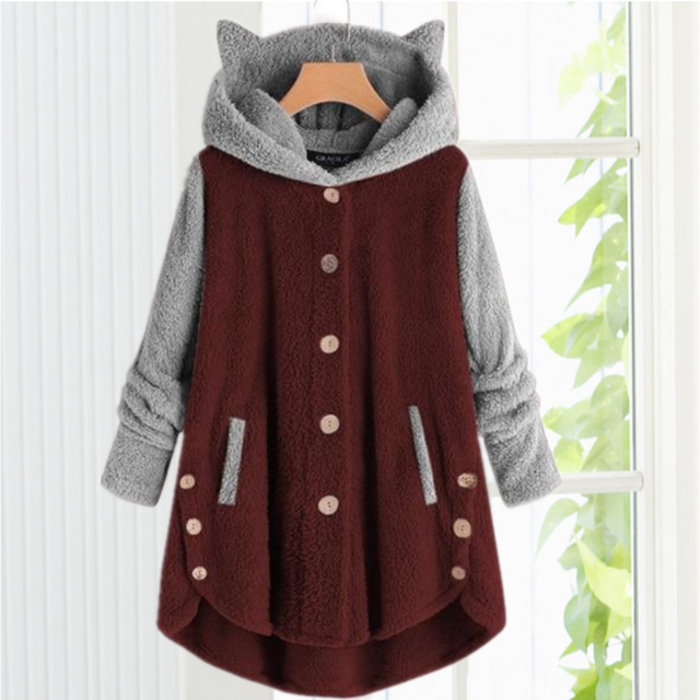 Street-wave Cat Ear Hooded Knit Cardigan For Girls Cozy Patchwork Fleece Warm Winter Wear