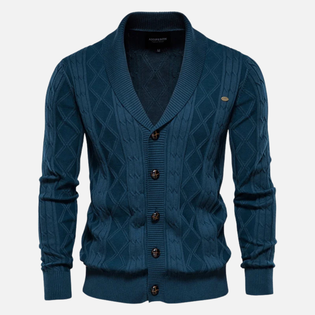 Street-Wave James Argyle Knit Cardigan For Men With Shawl Collar Cotton Blend