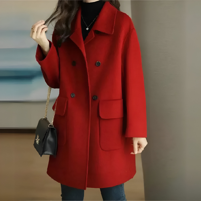 Street-Wave Wool Coat for Women, Long Fit, Double-Breasted Button Closure, Warm Wool Blend