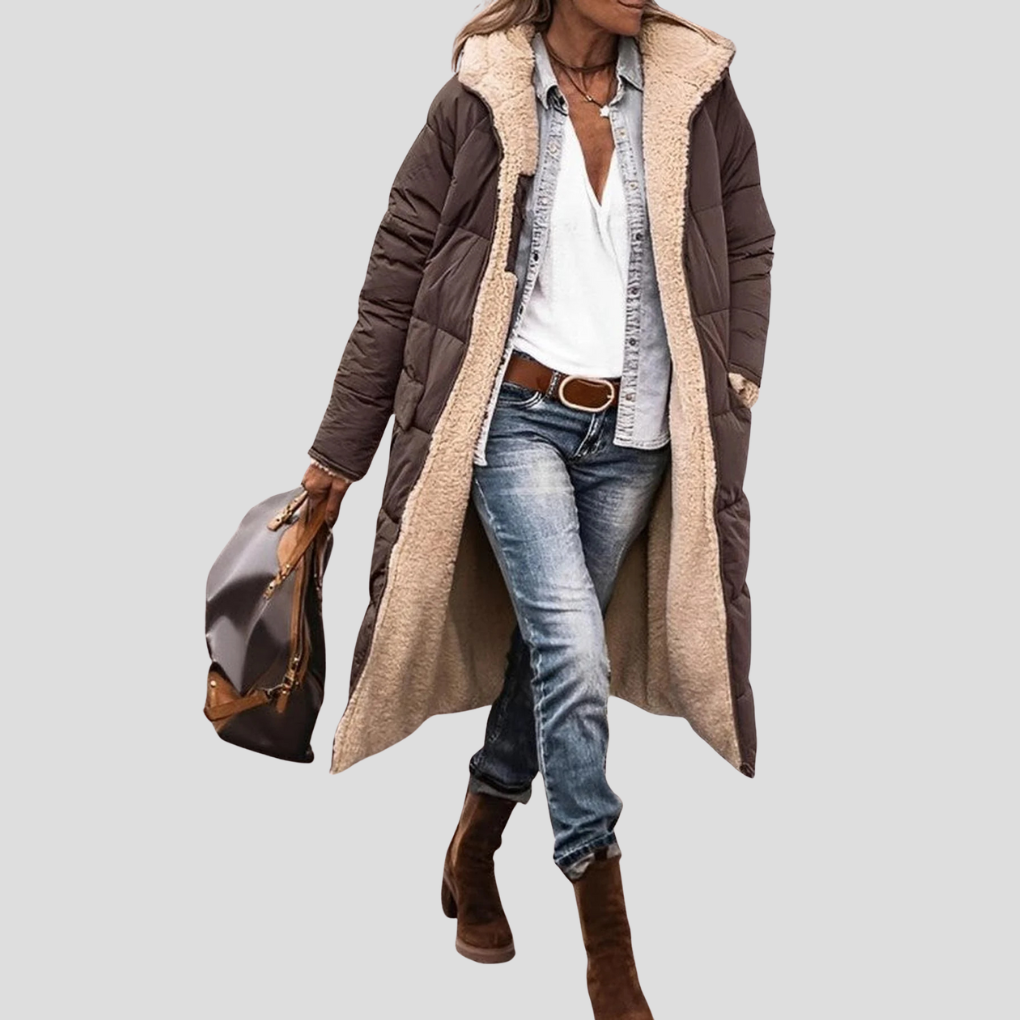 Street-wave Reversible Long Winter Coat With Hood And Teddy Lining For Women Cozy Warmth And Versatility